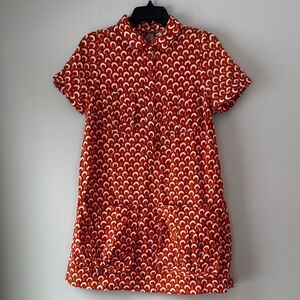 H&M Bold 100% Cotton Orange and White Patterned Short Button Front Shirt Dress